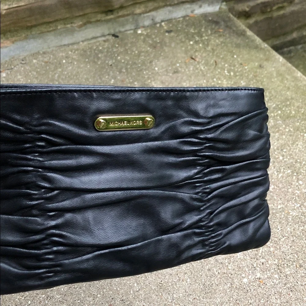 Michael Kors Black Ruched Leather Clutch with Gold Plaque